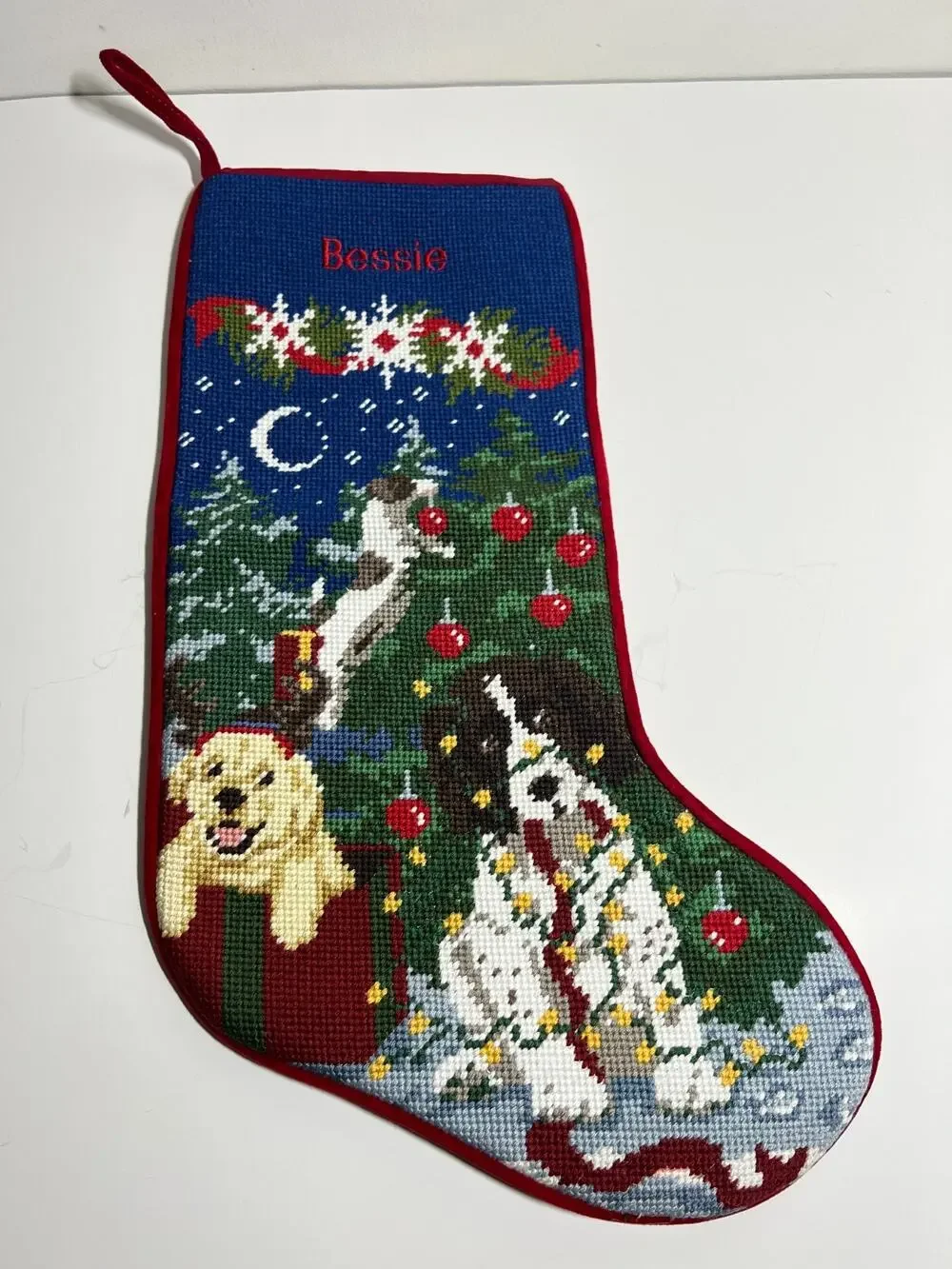LL Bean LN Holiday Dogs Tree Christmas Stocking Bessie Cotton Needlepoint